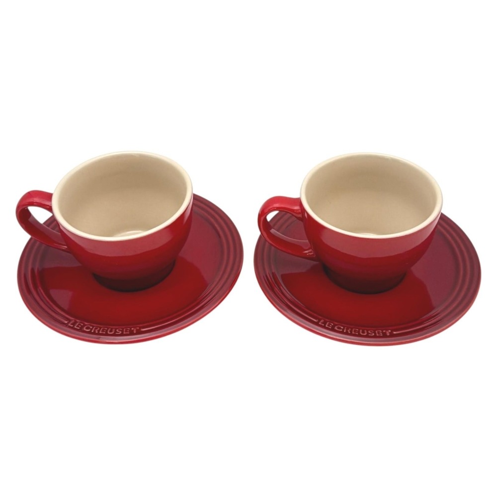 Le Creuset Cappuccino Cups and Saucers Lot 2 Red Cerise Stoneware